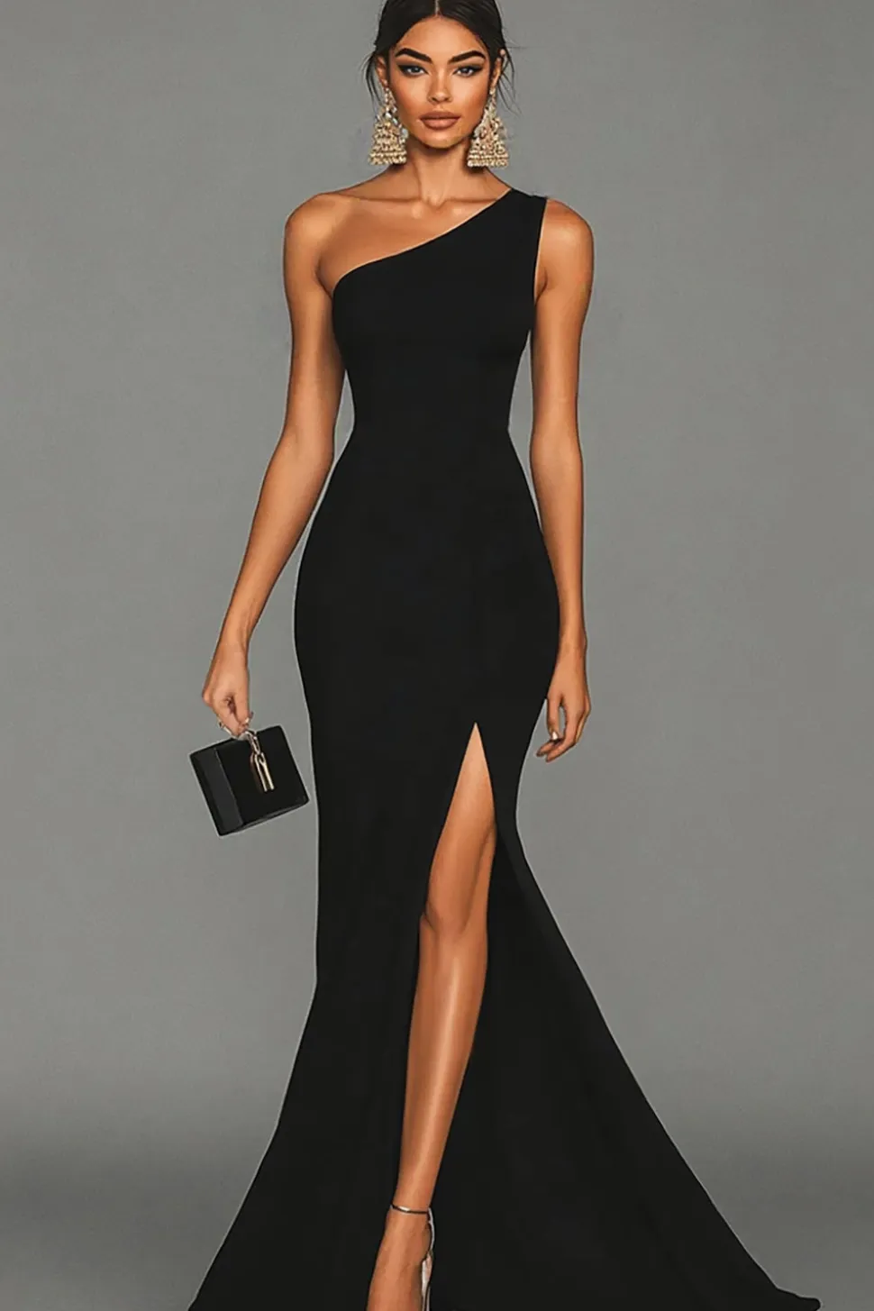 Vestidos Cerimónia com Fenda Sereia Preto Um Ombro