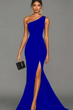 Vestidos Cerimónia com Fenda Sereia Preto Um Ombro