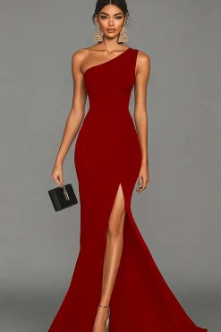Vestidos Cerimónia com Fenda Sereia Preto Um Ombro
