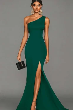 Vestidos Cerimónia com Fenda Sereia Preto Um Ombro