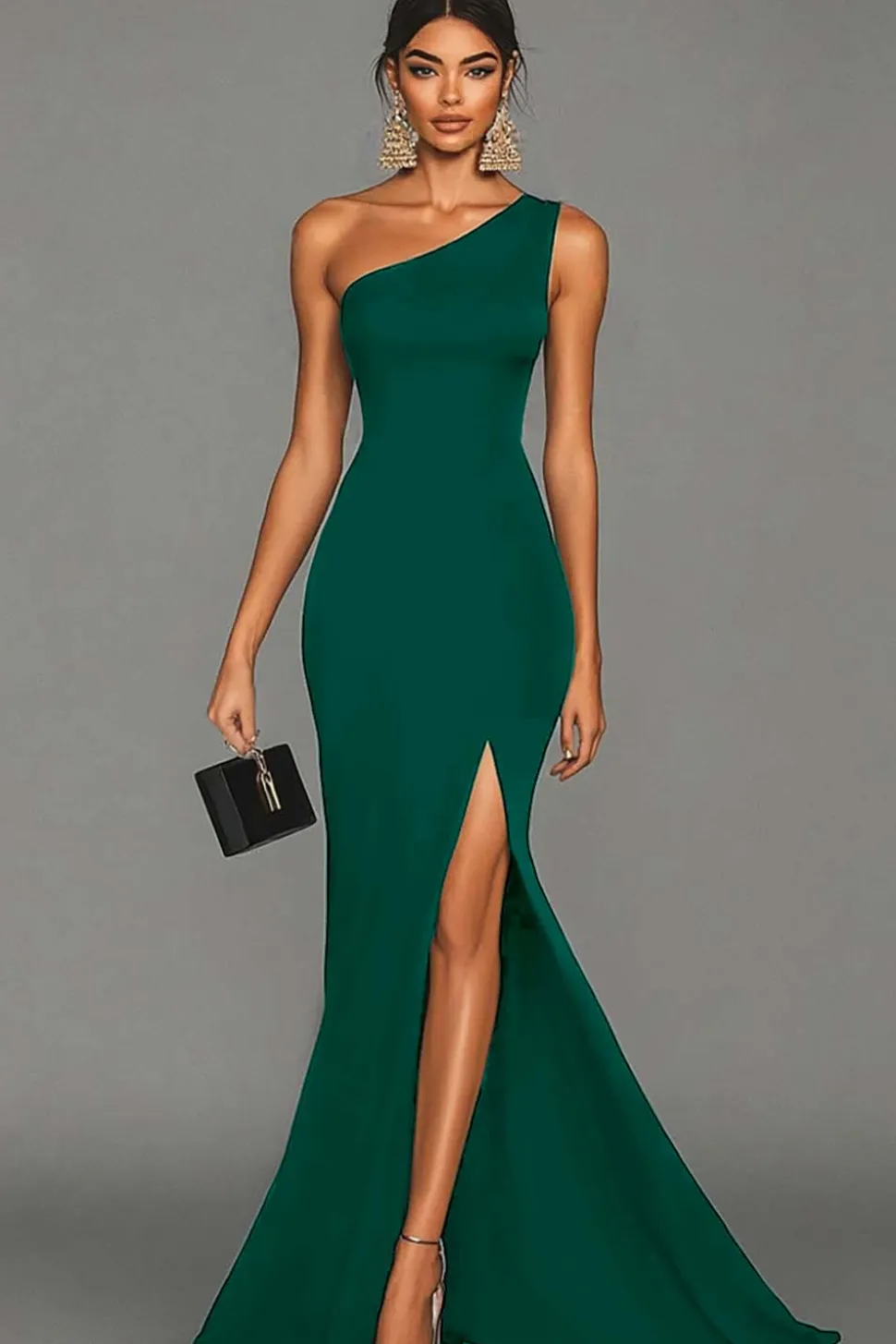 Vestidos Cerimónia com Fenda Sereia Preto Um Ombro