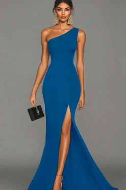 Vestidos Cerimónia com Fenda Sereia Preto Um Ombro