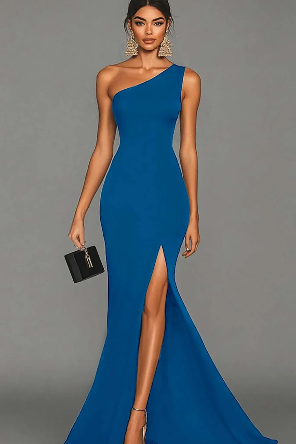 Vestidos Cerimónia com Fenda Sereia Preto Um Ombro