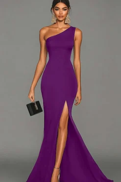 Vestidos Cerimónia com Fenda Sereia Preto Um Ombro