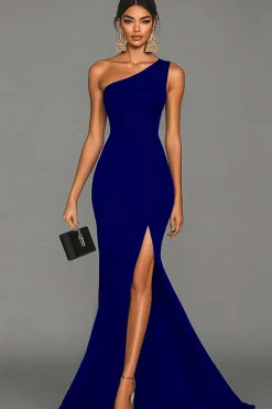 Vestidos Cerimónia com Fenda Sereia Preto Um Ombro