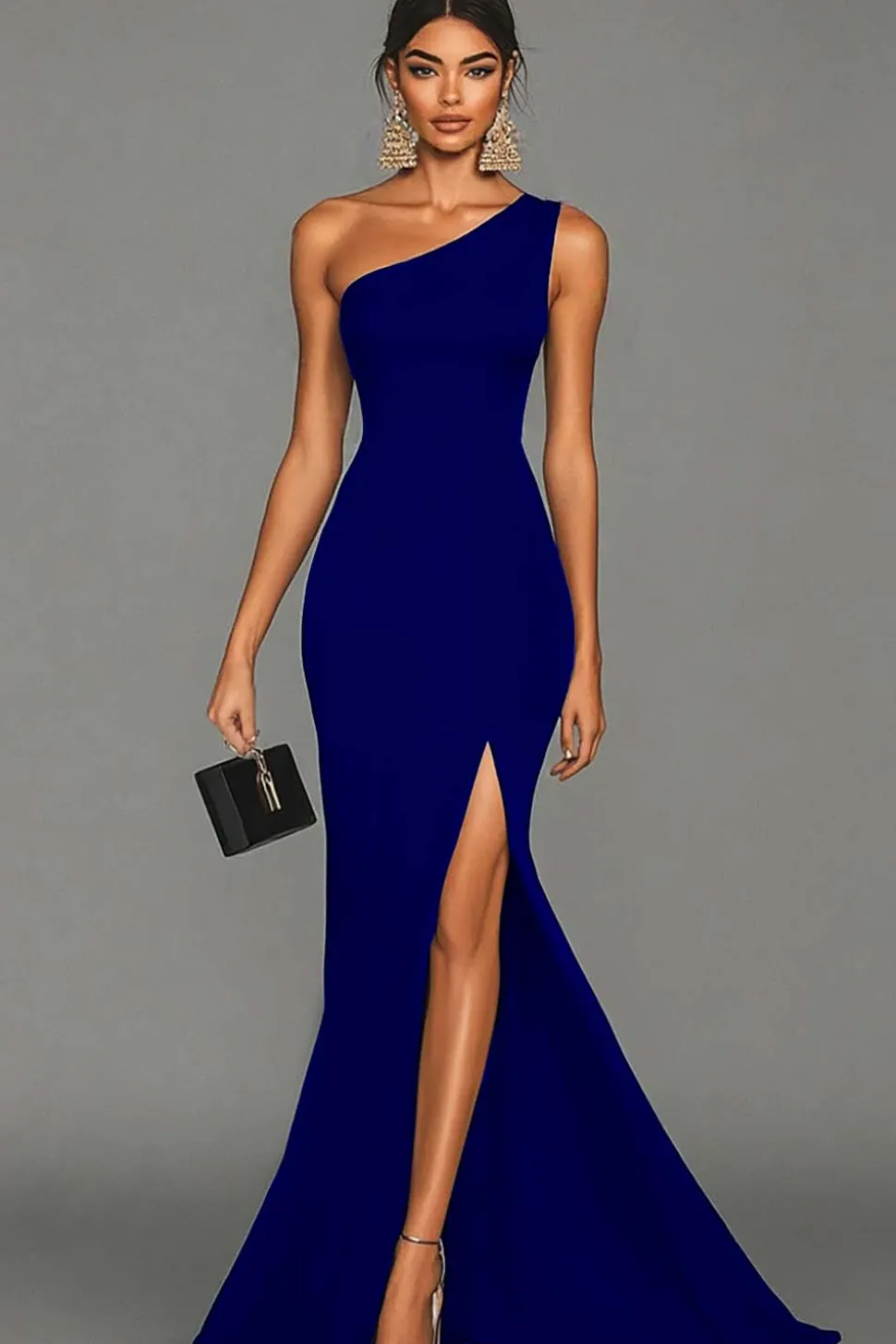 Vestidos Cerimónia com Fenda Sereia Preto Um Ombro