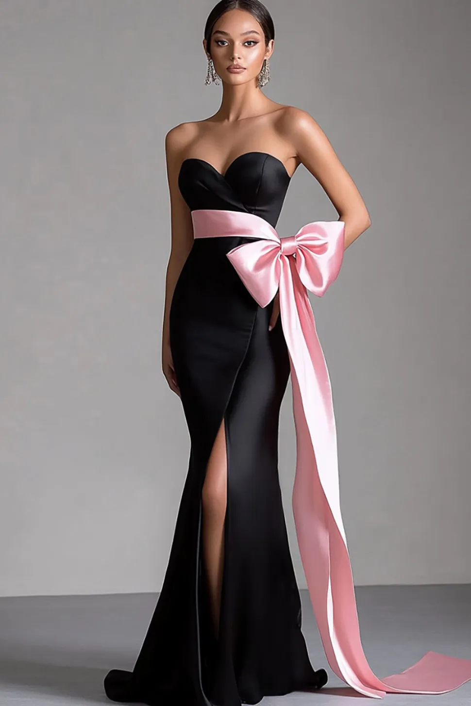 Vestidos Cerimónia com Fenda Preto Rosa Longo Sereia Sem Alças
