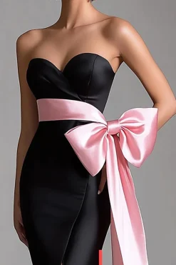 Vestidos Cerimónia com Fenda Preto Rosa Longo Sereia Sem Alças