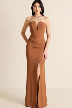 Vestidos Cerimónia com Fenda Castanho Sereia Sem Alças Longo Cetim