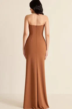 Vestidos Cerimónia com Fenda Castanho Sereia Sem Alças Longo Cetim