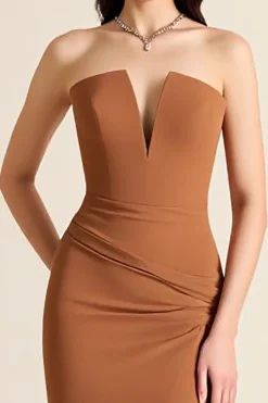 Vestidos Cerimónia com Fenda Castanho Sereia Sem Alças Longo Cetim