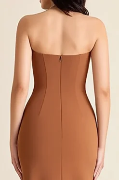 Vestidos Cerimónia com Fenda Castanho Sereia Sem Alças Longo Cetim