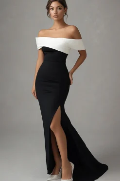 Vestidos Cerimónia com Fenda Preto Branco Longo Sereia Cetim Fora do Ombro