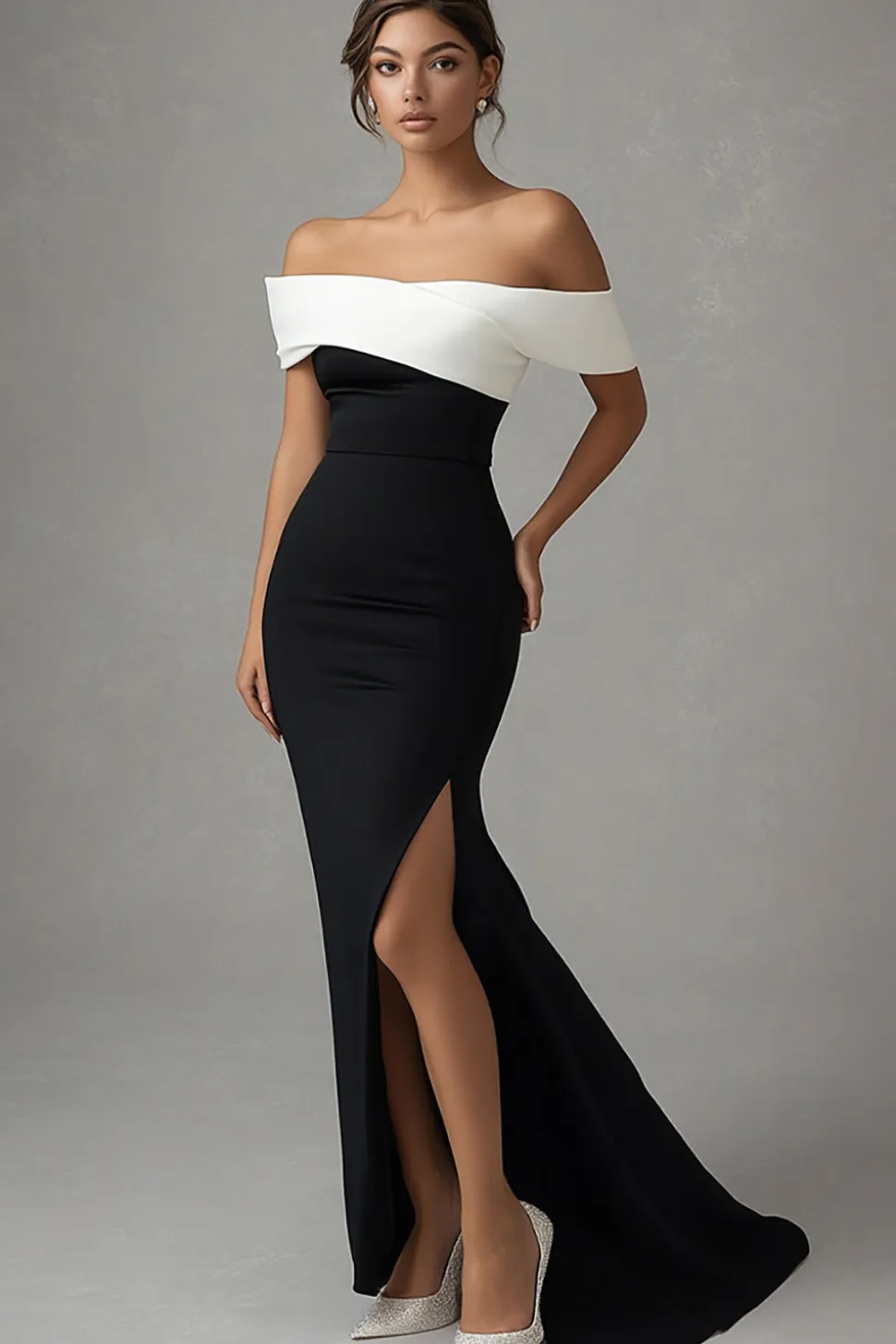 Vestidos Cerimónia com Fenda Preto Branco Longo Sereia Cetim Fora do Ombro