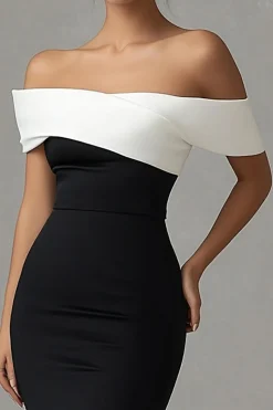 Vestidos Cerimónia com Fenda Preto Branco Longo Sereia Cetim Fora do Ombro
