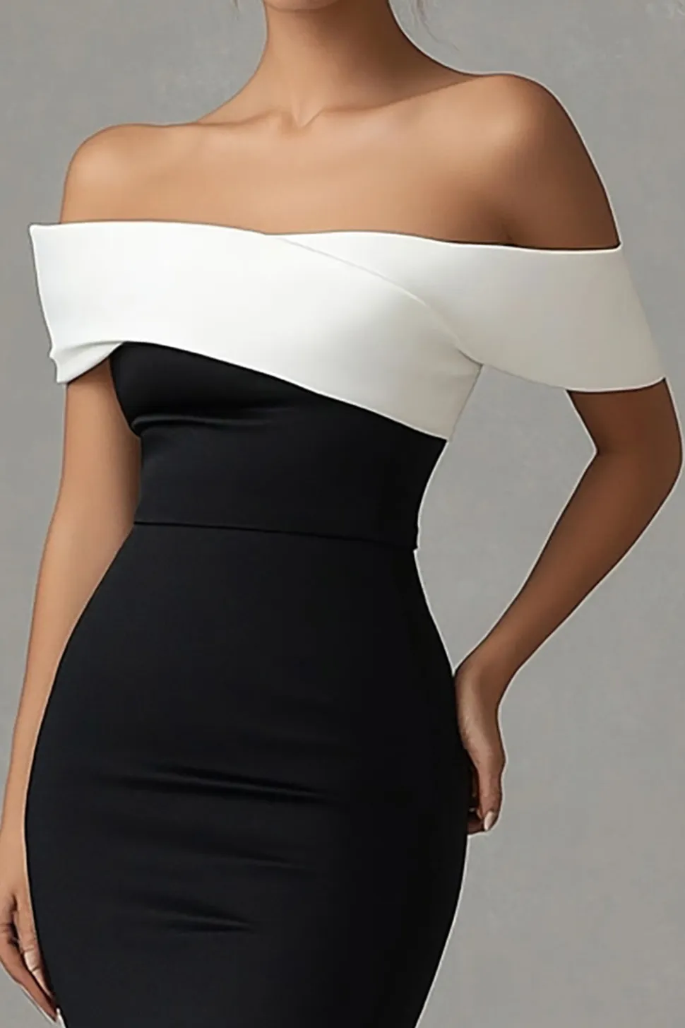 Vestidos Cerimónia com Fenda Preto Branco Longo Sereia Cetim Fora do Ombro