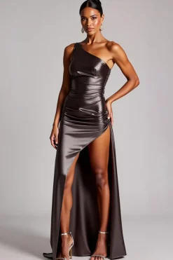 Vestidos Cerimónia com Fenda Cinzento Escuro Um Ombro Longo Cetim