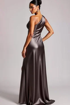 Vestidos Cerimónia com Fenda Cinzento Escuro Um Ombro Longo Cetim