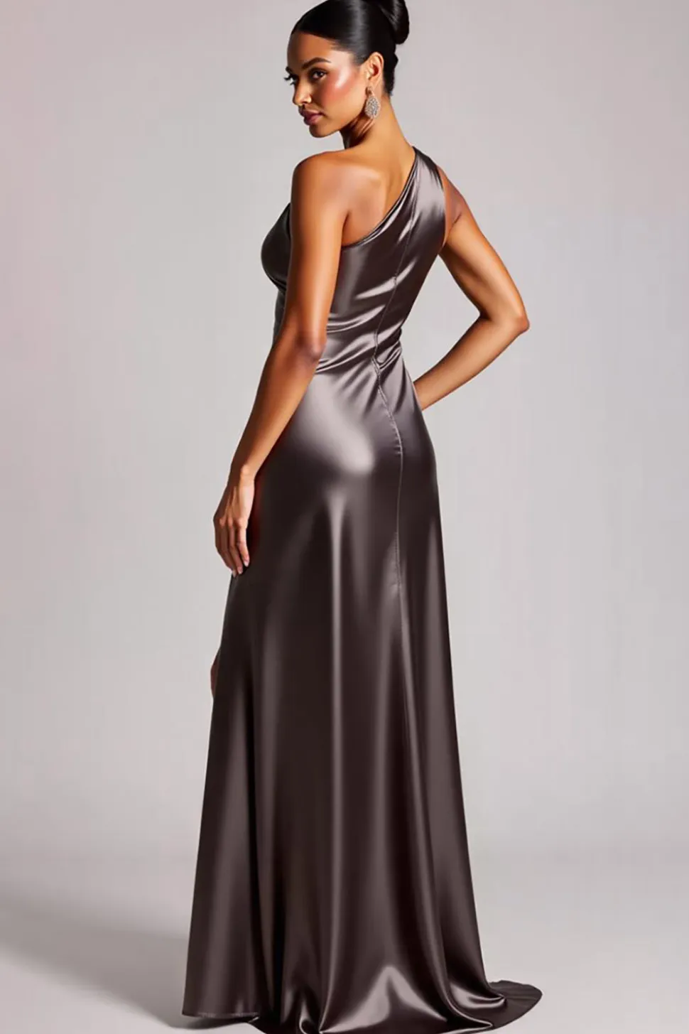Vestidos Cerimónia com Fenda Cinzento Escuro Um Ombro Longo Cetim