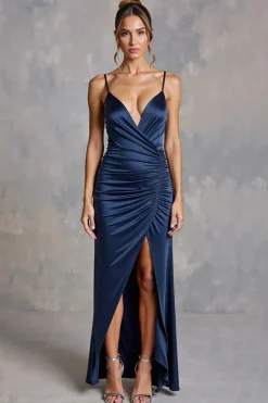 Vestidos Cerimónia com Fenda Alças Finas Longo Marinha Cetim