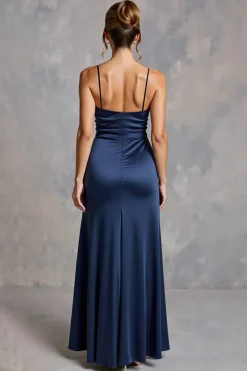 Vestidos Cerimónia com Fenda Alças Finas Longo Marinha Cetim
