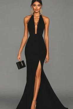 Vestidos Cerimónia com Fenda Sereia Preto Cabeçada Cetim