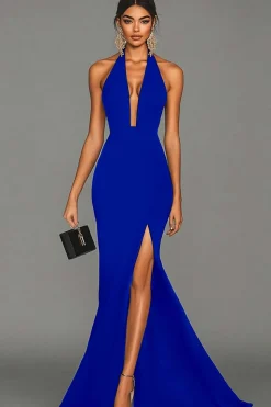 Vestidos Cerimónia com Fenda Sereia Preto Cabeçada Cetim