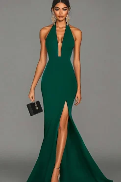 Vestidos Cerimónia com Fenda Sereia Preto Cabeçada Cetim