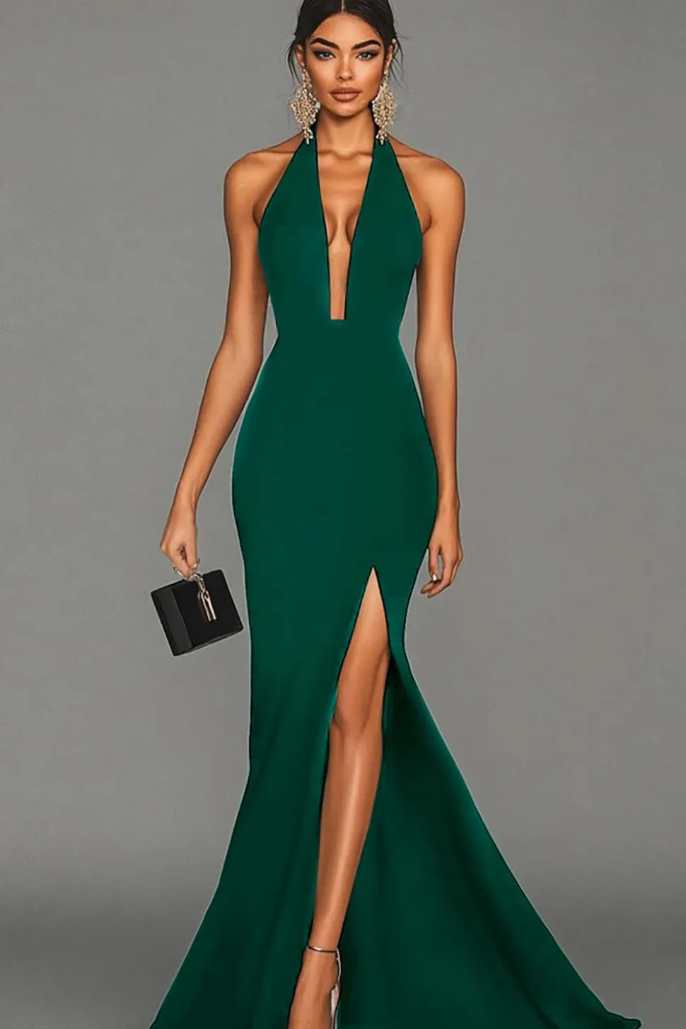 Vestidos Cerimónia com Fenda Sereia Preto Cabeçada Cetim