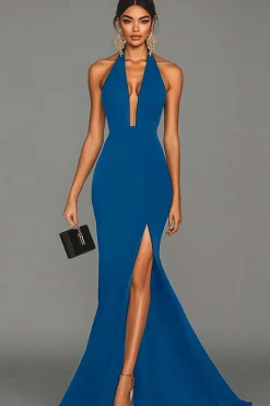Vestidos Cerimónia com Fenda Sereia Preto Cabeçada Cetim