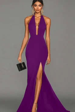 Vestidos Cerimónia com Fenda Sereia Preto Cabeçada Cetim