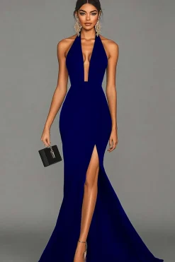 Vestidos Cerimónia com Fenda Sereia Preto Cabeçada Cetim
