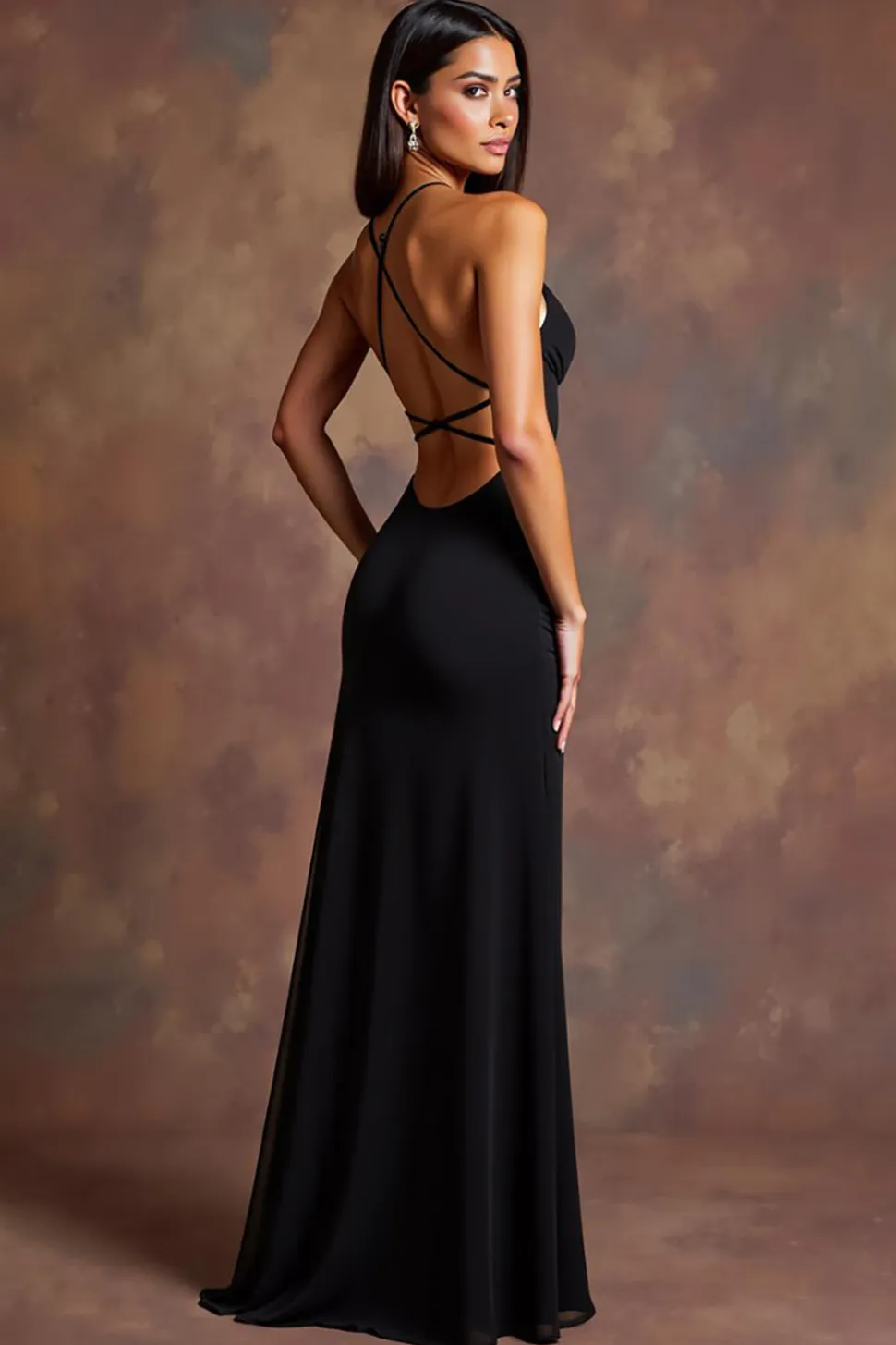 Vestidos Cerimónia com Fenda Preto Cetim Longo Decote em V Bainha