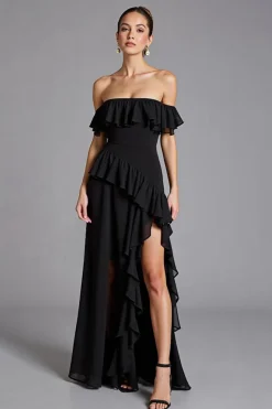 Vestidos Cerimónia com Fenda Preto Fora do Ombro Babado Chiffon Longo