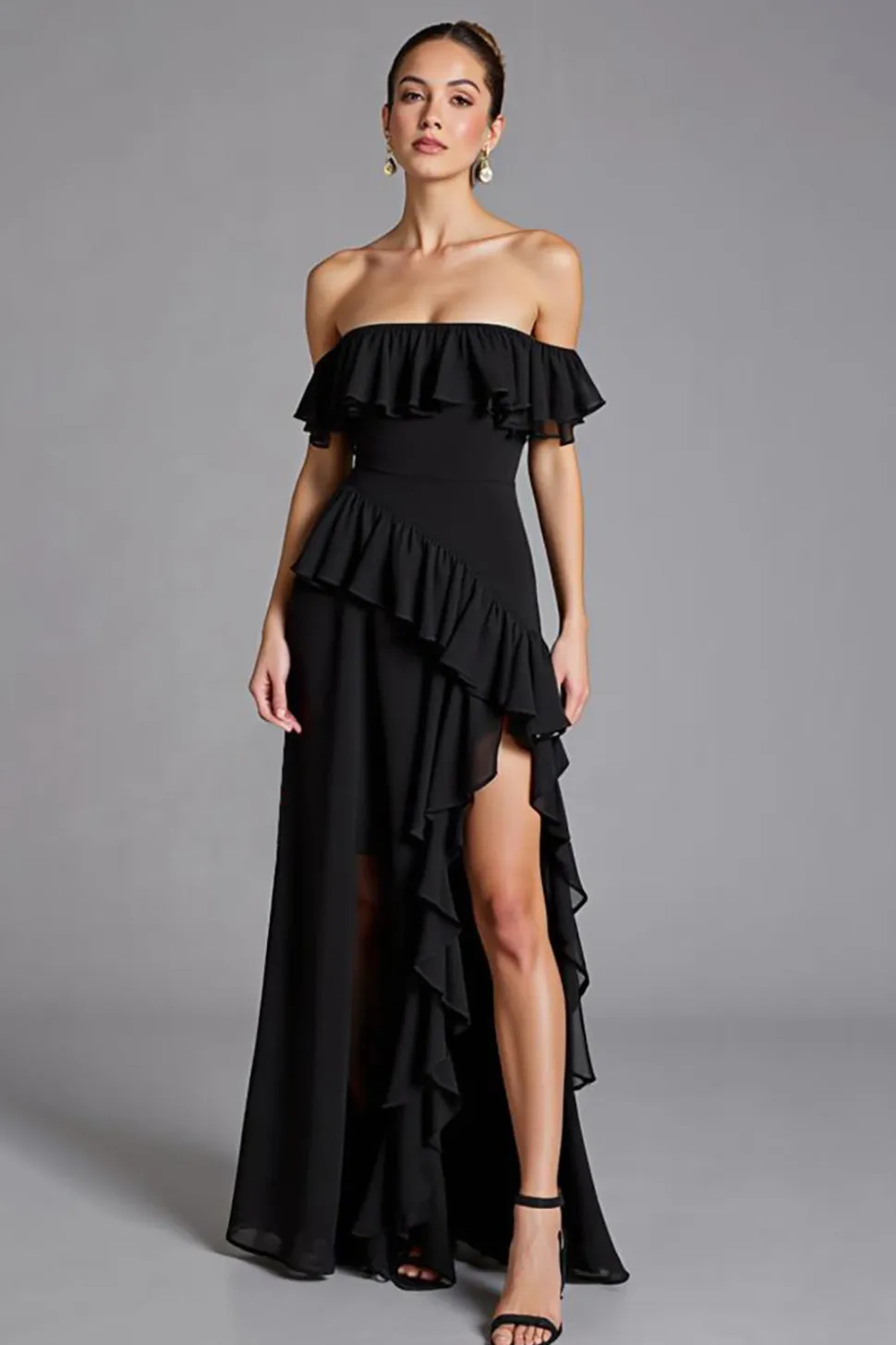 Vestidos Cerimónia com Fenda Preto Fora do Ombro Babado Chiffon Longo