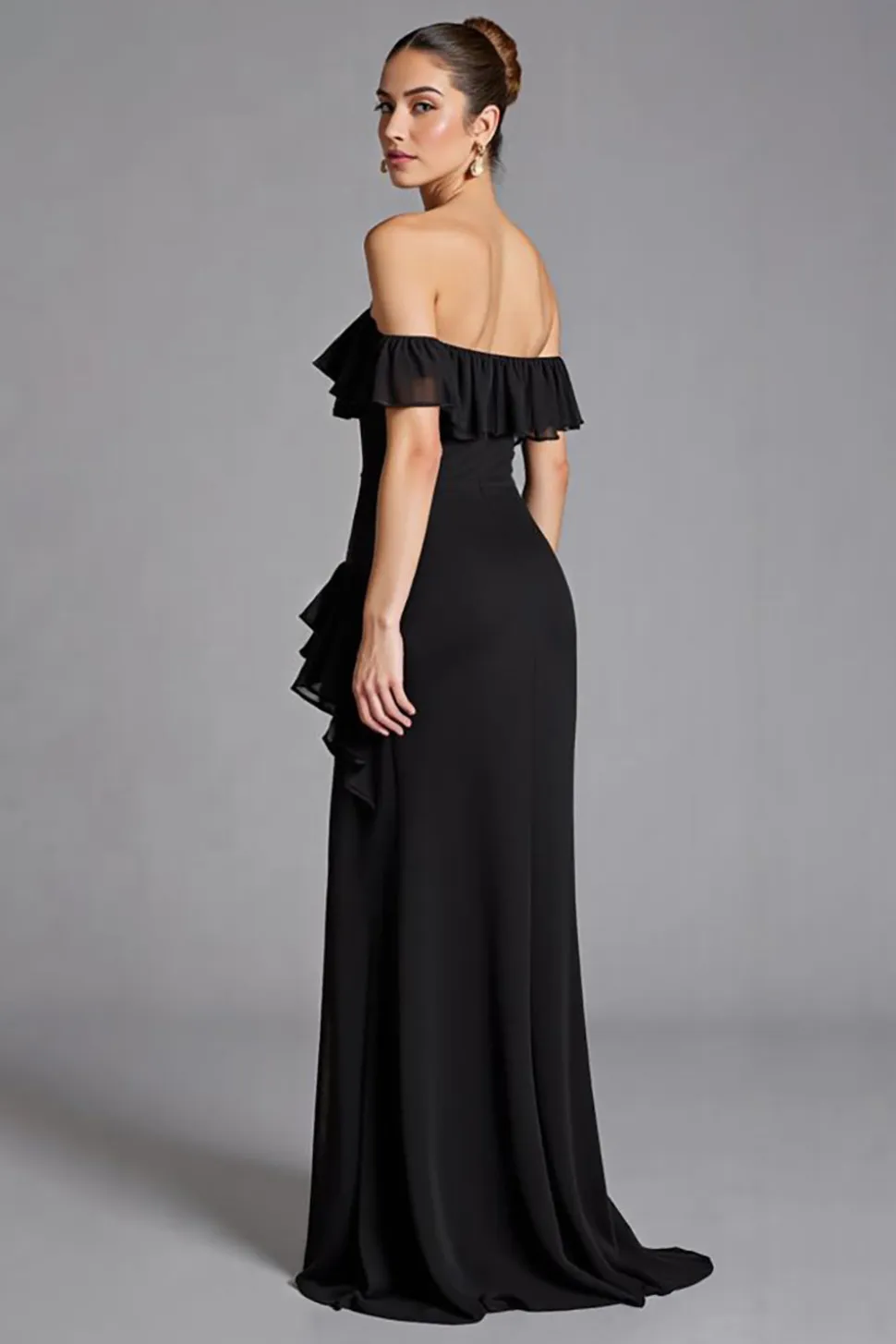 Vestidos Cerimónia com Fenda Preto Fora do Ombro Babado Chiffon Longo