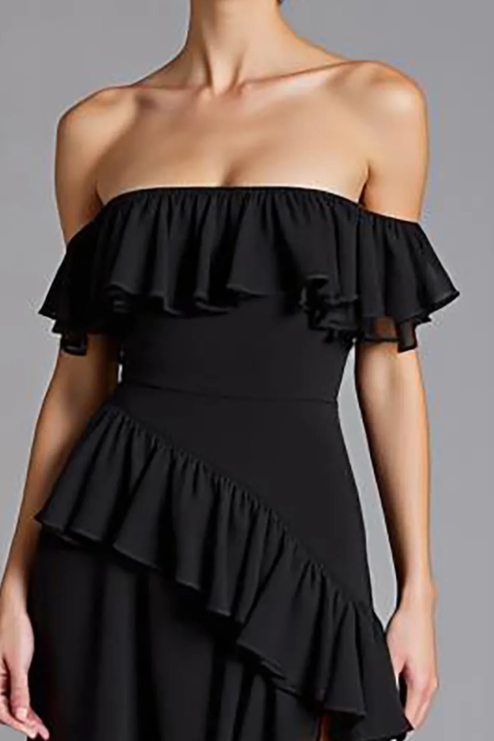 Vestidos Cerimónia com Fenda Preto Fora do Ombro Babado Chiffon Longo