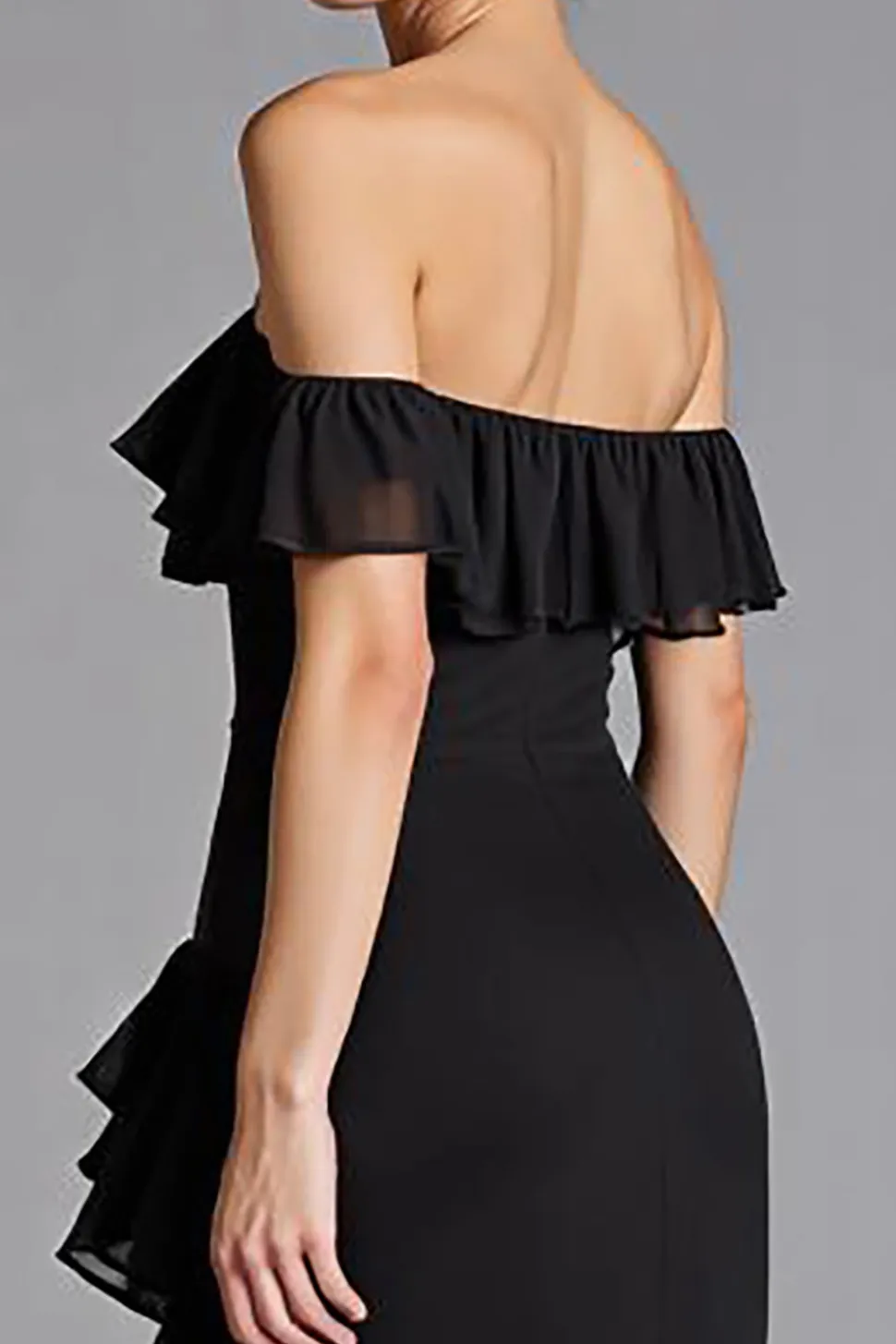 Vestidos Cerimónia com Fenda Preto Fora do Ombro Babado Chiffon Longo
