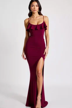 Vestidos Cerimónia com Fenda Borgonha Alças Finas Longo Sereia