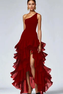 Vestidos Cerimónia com Fenda Um ombro Babado Linha-A Preto