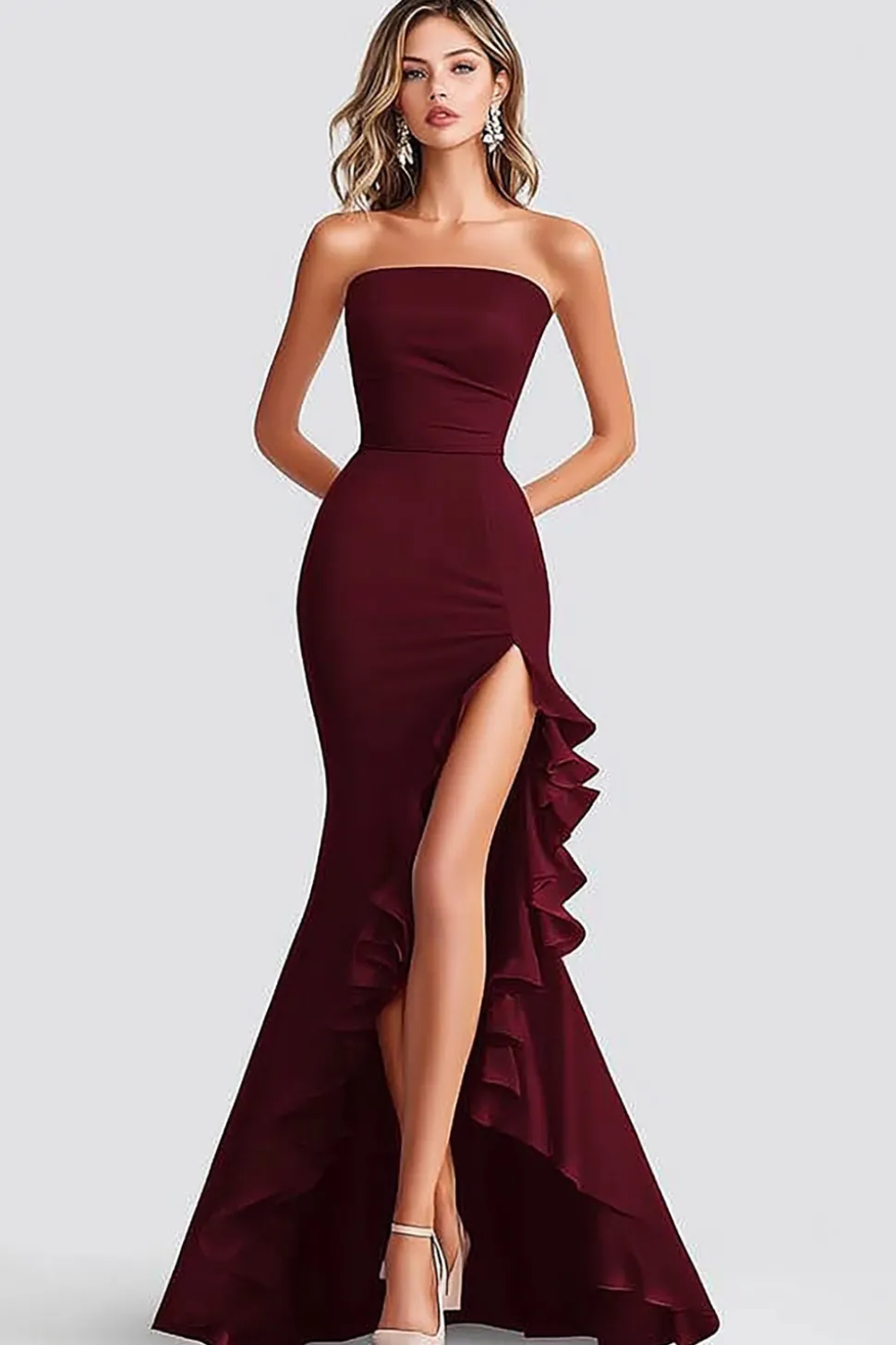 Vestidos Cerimónia com Fenda Borgonha Sereia Sem Alças