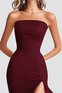 Vestidos Cerimónia com Fenda Borgonha Sereia Sem Alças