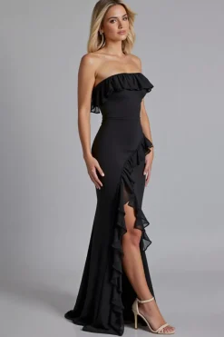 Vestidos Cerimónia com Fenda Preto Fora do Ombro Babado Longo