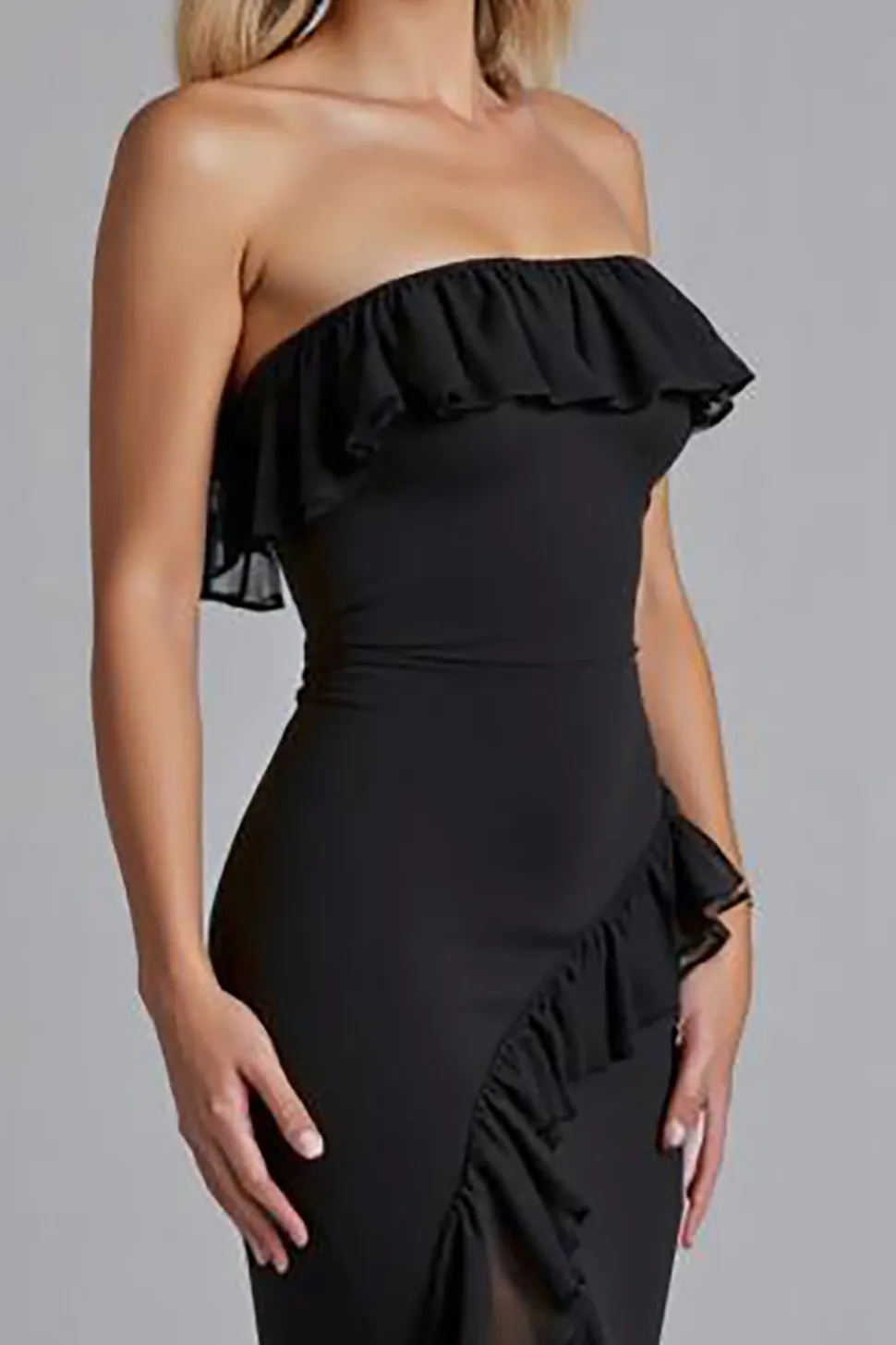 Vestidos Cerimónia com Fenda Preto Fora do Ombro Babado Longo