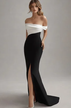 Vestidos Cerimónia com Fenda Preto Branco Longo Sereia Cetim Fora do Ombro