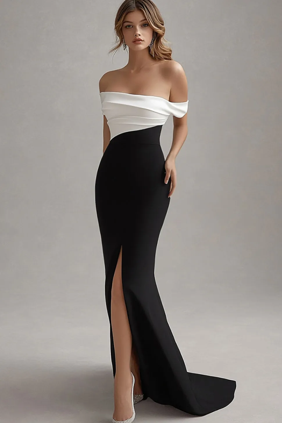 Vestidos Cerimónia com Fenda Preto Branco Longo Sereia Cetim Fora do Ombro