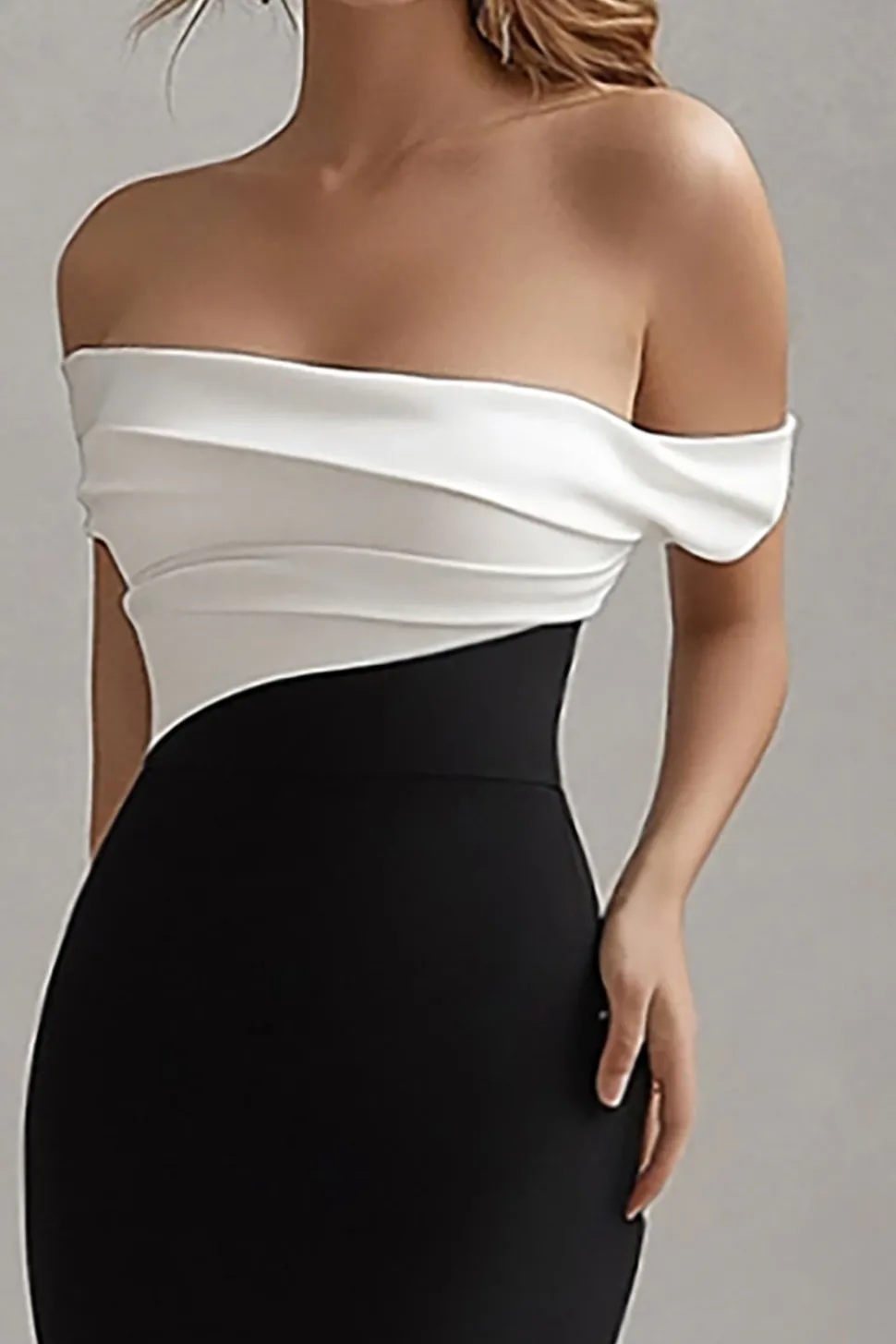 Vestidos Cerimónia com Fenda Preto Branco Longo Sereia Cetim Fora do Ombro