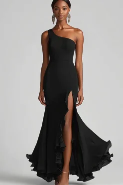 Vestidos Cerimónia com Fenda Chiffon Preto Longo Um Ombro Sereia