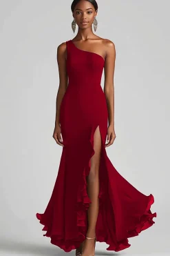 Vestidos Cerimónia com Fenda Chiffon Preto Longo Um Ombro Sereia