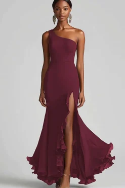 Vestidos Cerimónia com Fenda Chiffon Preto Longo Um Ombro Sereia